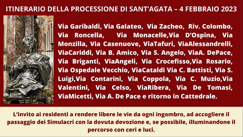 ITINERARIO DELLA PROCESSIONE DI SANT’AGATA – 4 FEBBRAIO 2023
